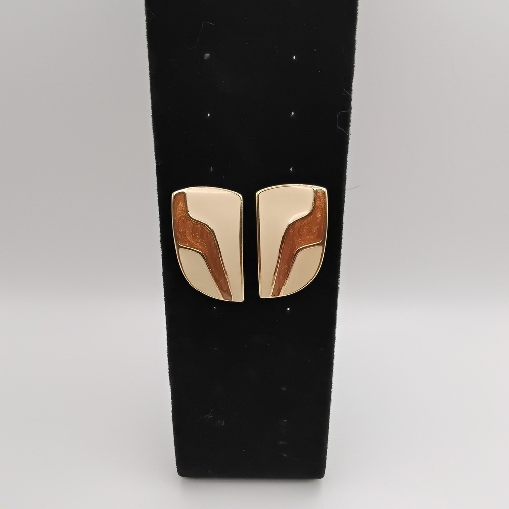Vintage Signed Trifari Gold-tone, Cream and Brown Geometric Enamel Earrings